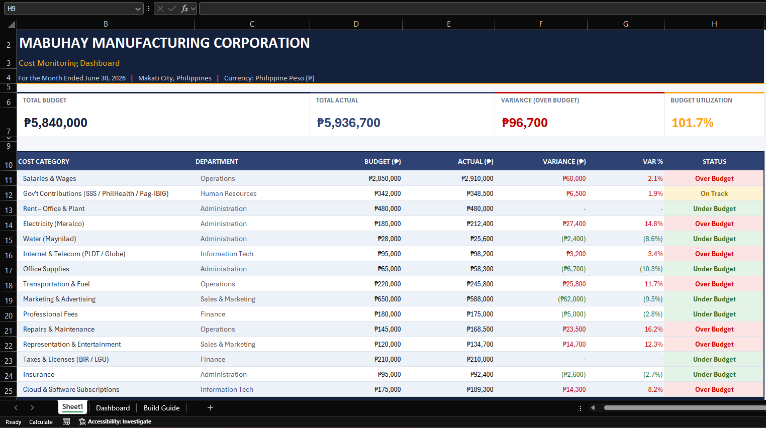 Excel Cost Monitoring Template preview