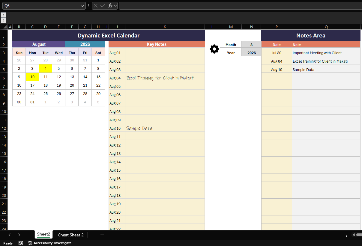 Microsoft Excel Calendar with Notes preview
