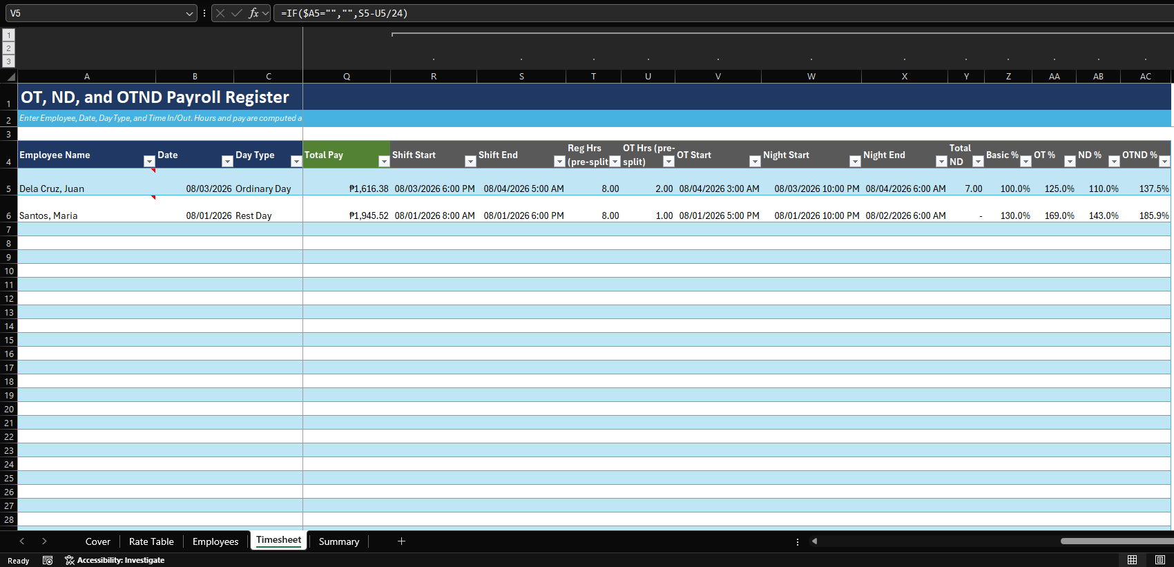 Excel Timesheet with Overtime and Night Differential Calculator preview