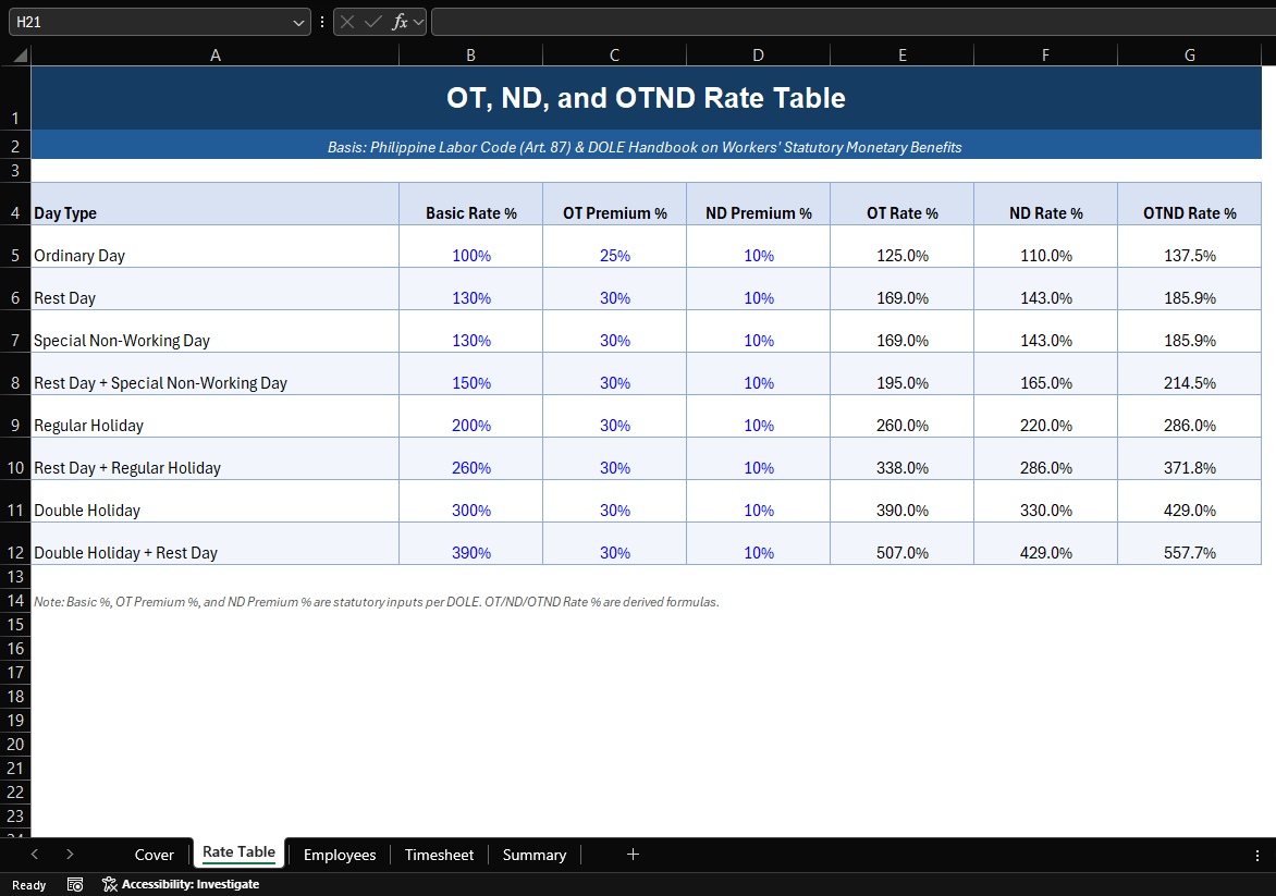Excel Timesheet with Overtime and Night Differential Calculator preview