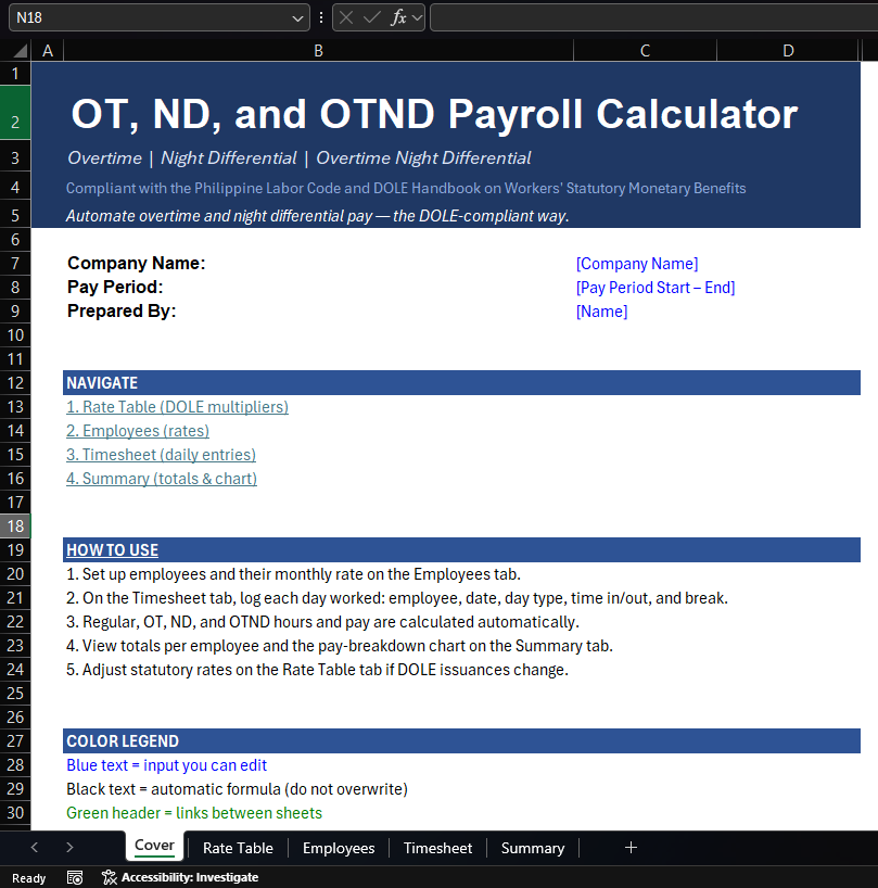 Excel Timesheet with Overtime and Night Differential Calculator preview