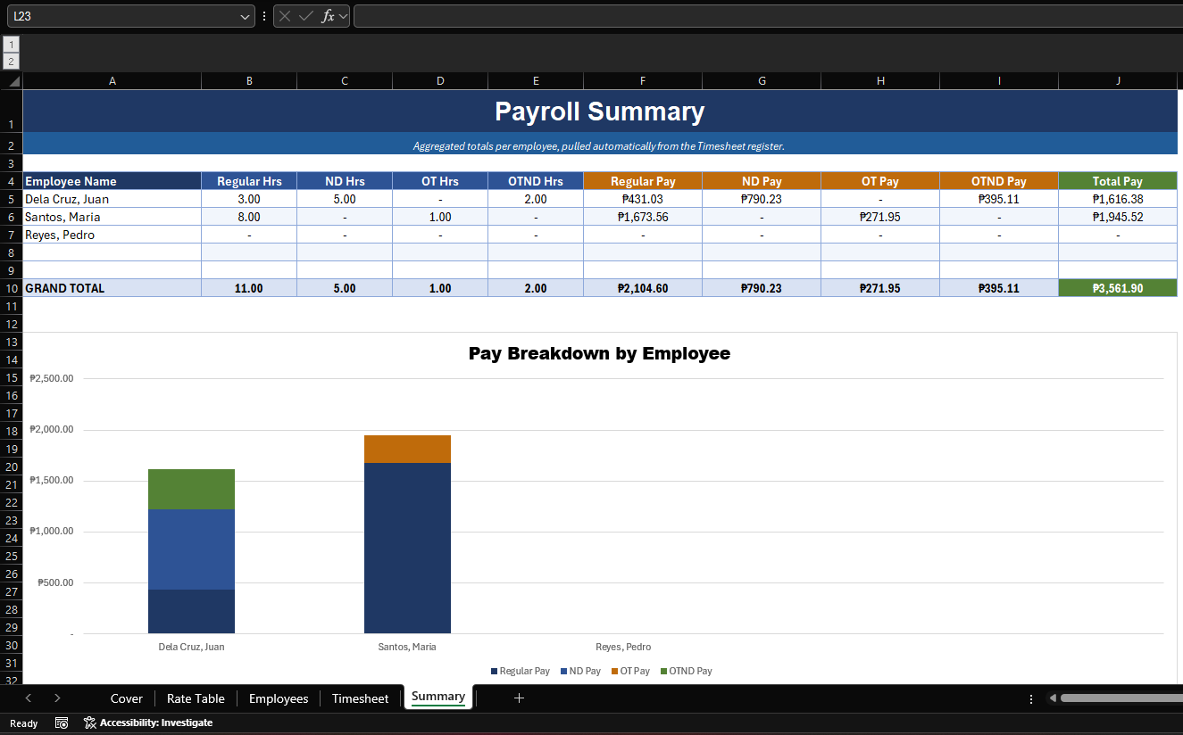 Excel Timesheet with Overtime and Night Differential Calculator preview