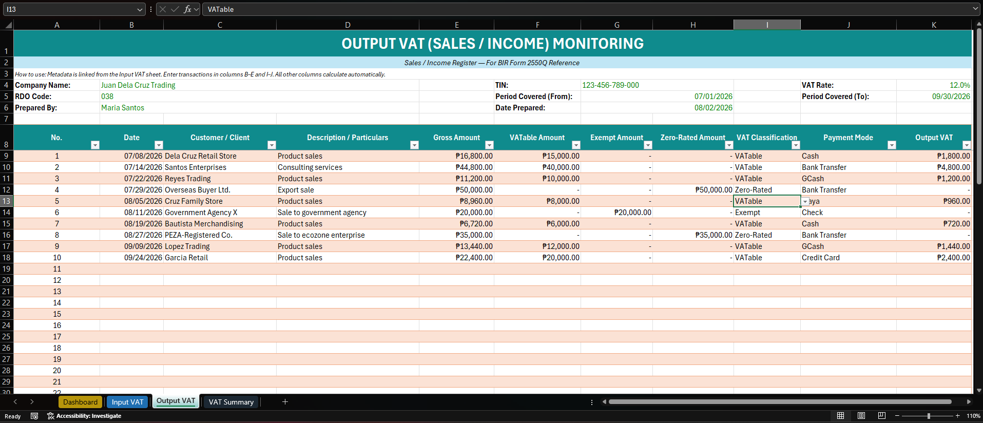 VAT Monitoring Excel Template preview