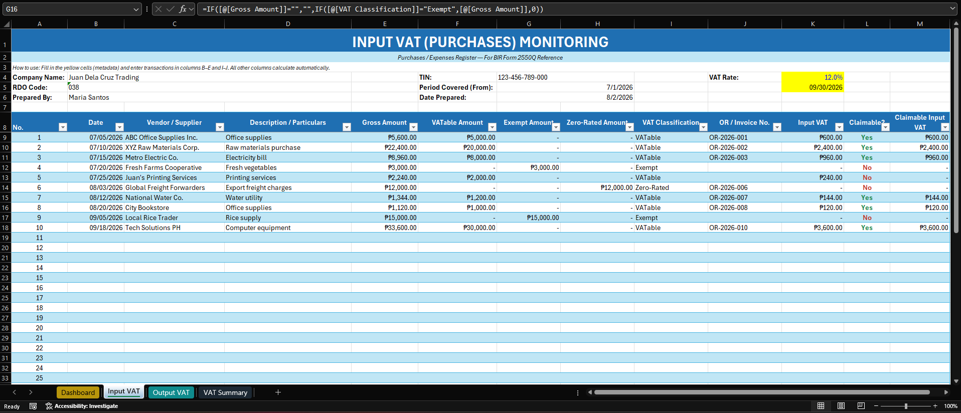 VAT Monitoring Excel Template preview