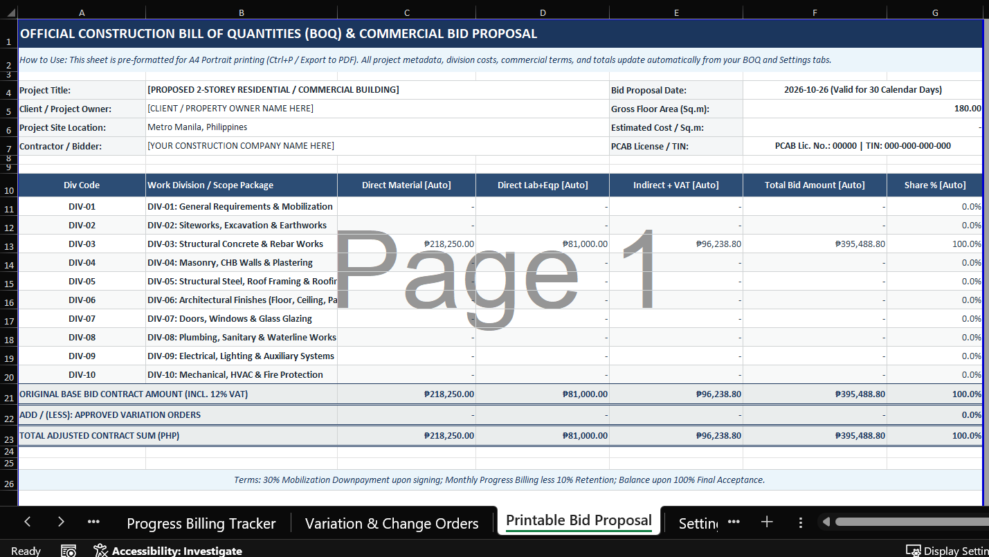 Excel template for a Construction Bill of Quantities (BOQ) preview