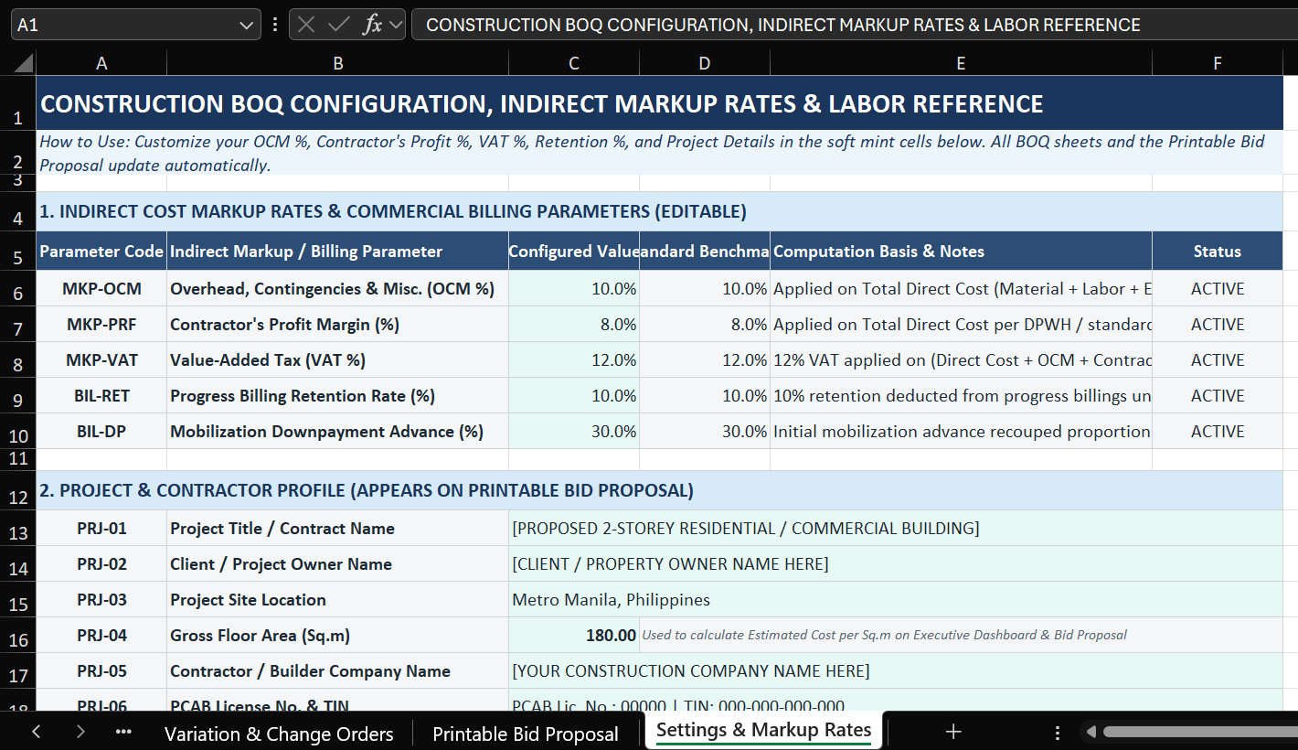 Excel template for a Construction Bill of Quantities (BOQ) preview
