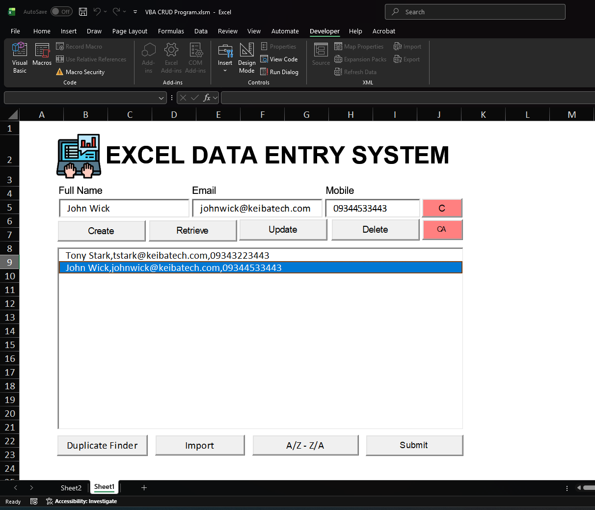 VBA CRUD Program template