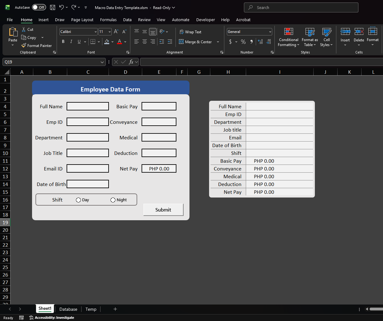 Macro Data Entry Template