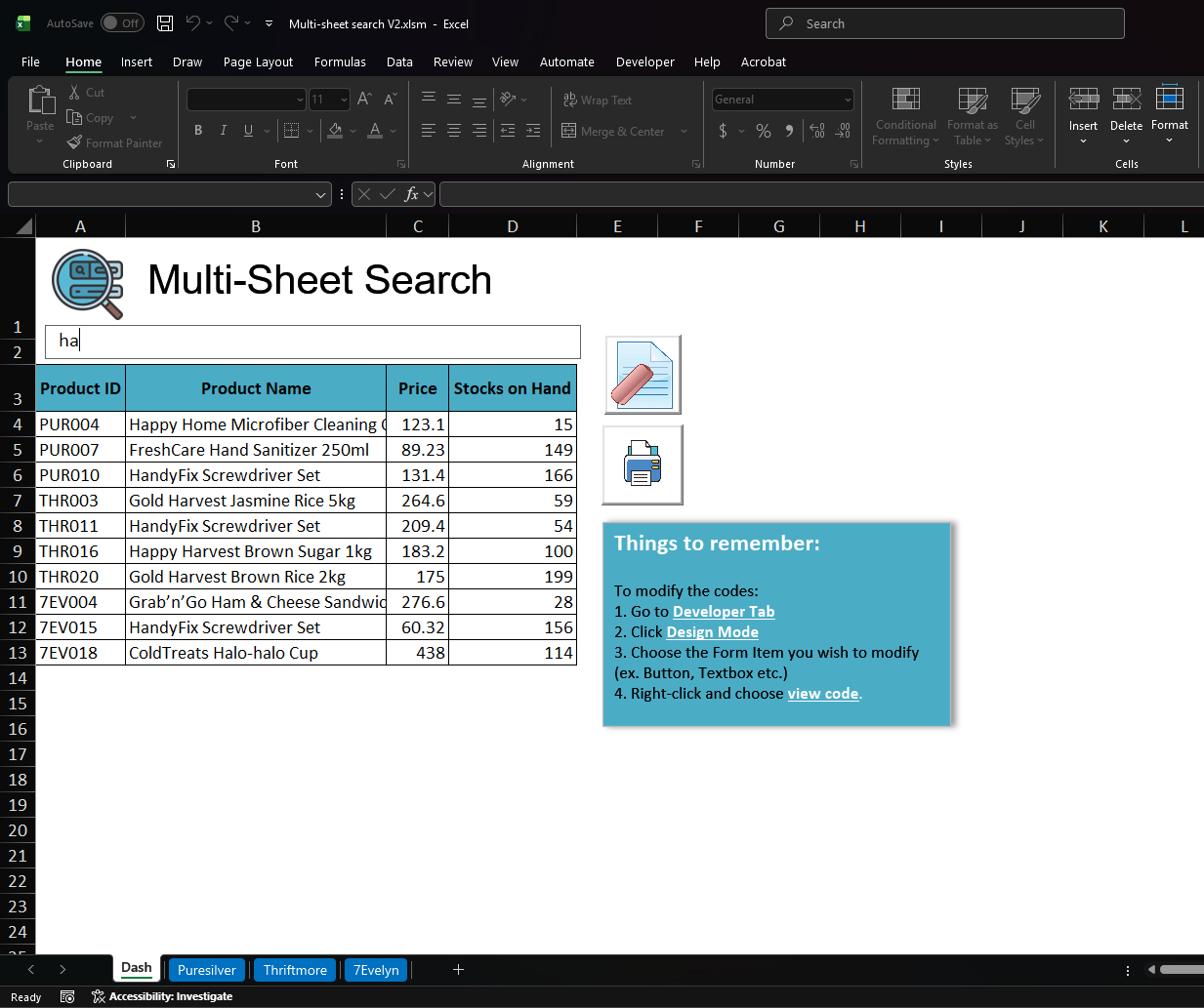 Excel Multi-sheet Search Template
