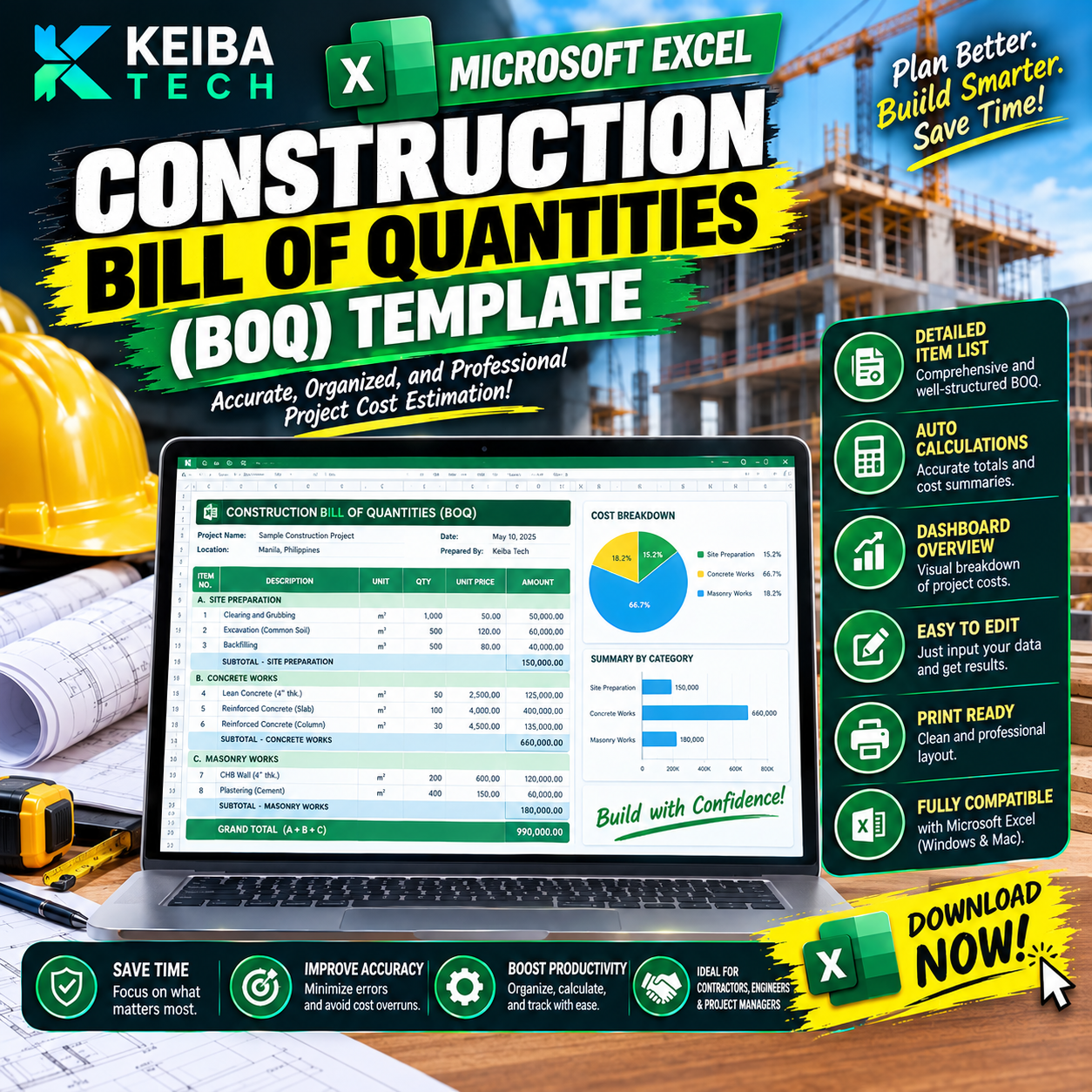 Excel template for a Construction Bill of Quantities (BOQ)